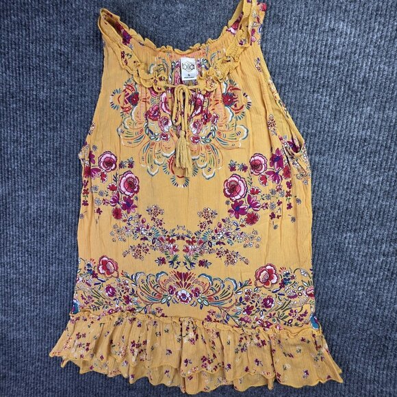 Bila Blouse Womens Small Yellow Boho Floral Sleeveless Ruffle Hem Rayon Top - Picture 1 of 10